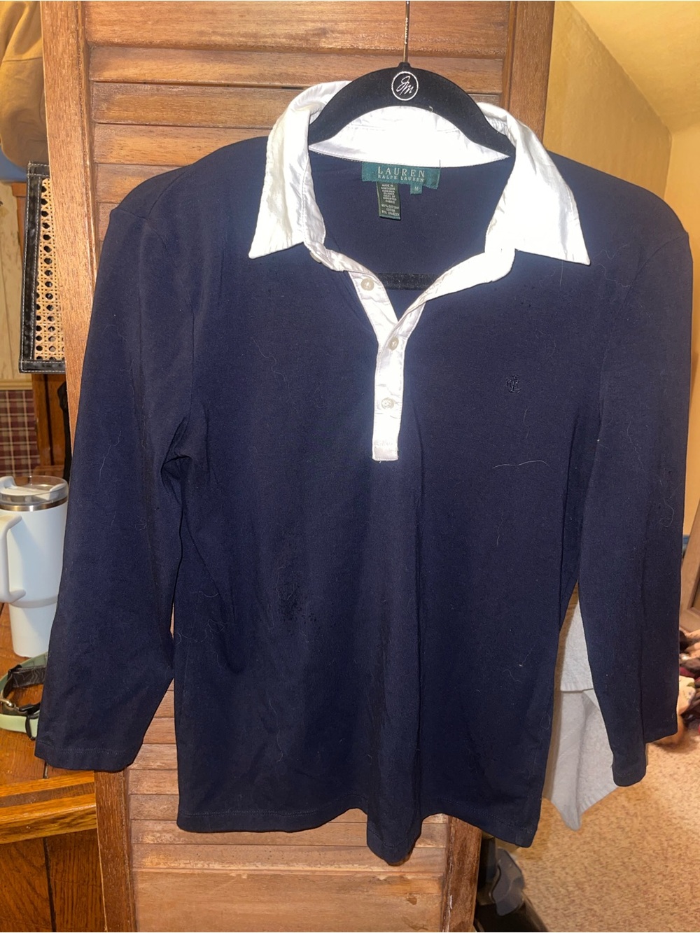 Lauren Ralph Lauren Cotton Navy Long-Sleeve Polo with White Collar - Picture 2 of 6